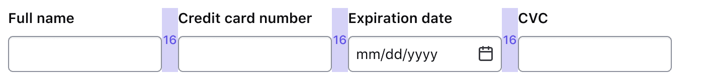 Three equal width fields for credit card information arranged in a single row